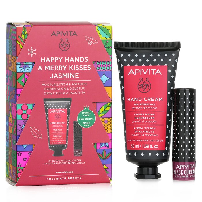 Apivita Happy Hands & Merry Kisses Jasmine Set: Hand Cream Jasmine & Propolis 50ml+ Lip Care Black Currant 4.4g 07924 2pcs