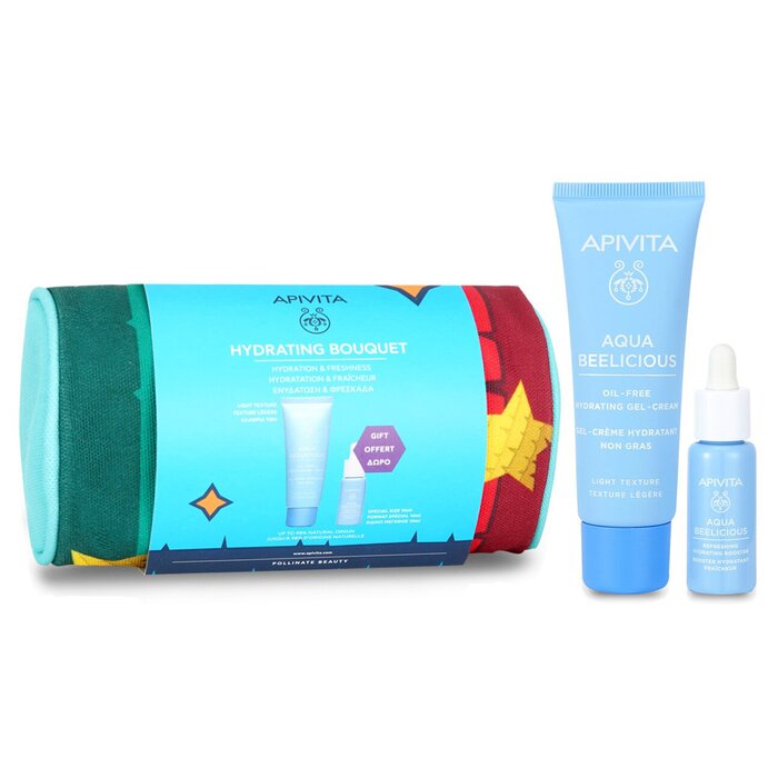 Apivita Hydrating Bouquet (Aqua Beelicious- Light Texture) Gift Set: Hydrating Gel-Cream 40ml+ Hydrating Booster 10ml+ Pouch 08675 2pcs+1Pouch