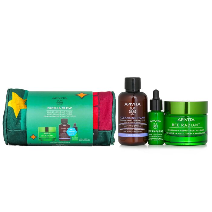 Apivita Fresh & Glow (Bee Radiant- Night) Gift Set: Night Gel-Balm 50ml+ Serum 10ml+ Cleansing Creamy Foam 75ml+ Pouch 08679 3pcs+1pouch