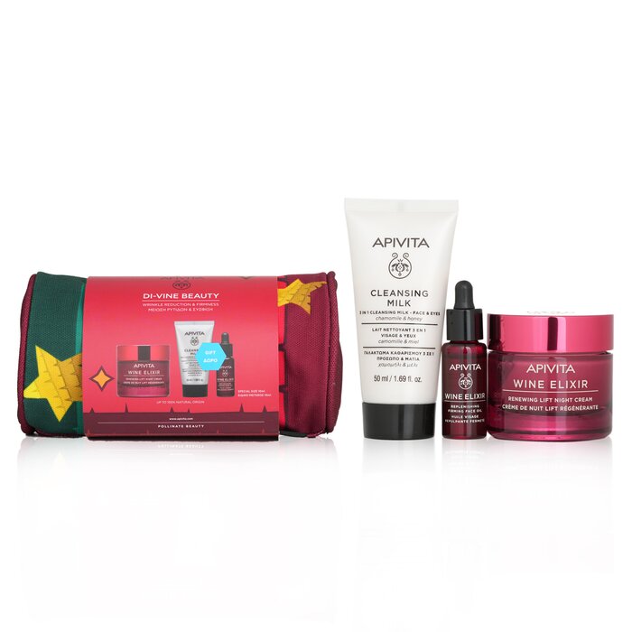 Apivita Di-Vine Beauty (Wine Elixir- Night) Gift Set: Renewing Lift Night Cream 50ml+ Face Oil 10ml+ Cleansing Milk 50ml+ Pouch 08781 3pcs+1pouch