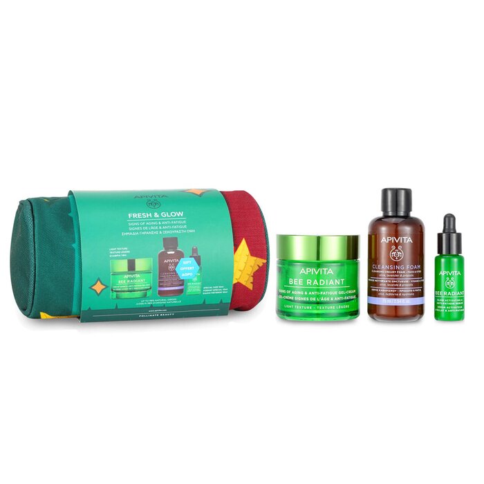 Apivita Fresh & Glow (Bee Radiant- Light Texture) Gift Set: Gel Cream 50ml+ Serum 10ml+ Cleansing Creamy Foam 75ml+ Pouch 08677 3pcs+1pouch