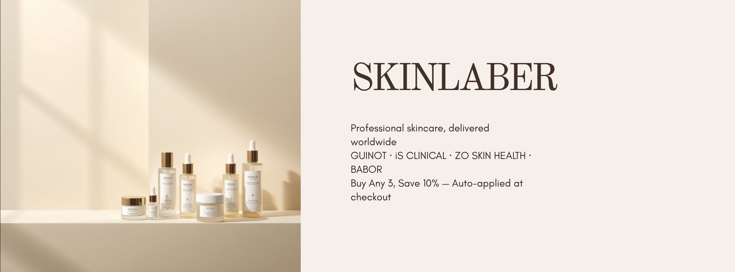 SkinLaber hero banner - Professional skincare delivered worldwide, Guinot iS Clinical ZO Skin Health Babor, Buy any 3 save 10%